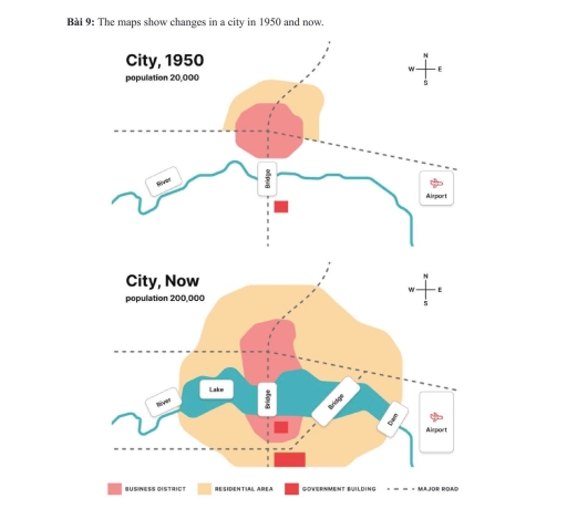 Image for topic: The maps below show recent changes in a city. Summarize the information by selecting and reporting the main features, and make comparisons where relevant.