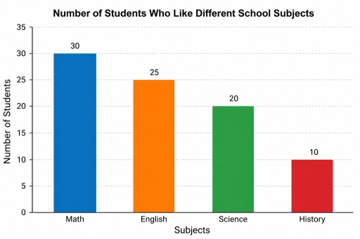 Image for topic: The bar chart shows the number of students who like four different school subjects: Math, English, Science, and History.