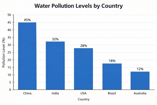 Image for topic: The bar chart below shows the percentage of water pollution in five different countries. Summarise the information by selecting and reporting the main features, and make comparisons where relevant.