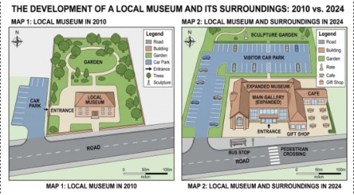 Image for topic: The maps below show the development of a local museum and its surroundings between 2010 and 2024. Summarize the information by selecting and reporting the main features, and make comparisons where relevant.The maps below show the rooms that change from 5 years ago to current