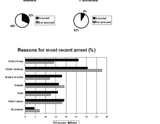 Image for topic: You should spend about 20 minutes on this task. The pie chart shows the percentage of persons arrested in the five years ending 1994 and the bar chart shows the most recent reasons for arrest. Summarise the information by selecting and reporting the main features and make comparisons where relevant. Write at least 150 words.