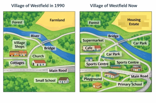 Image for topic: The maps below show the Village of Westfield in 1990 and at the present time. Summarize the information by selecting and reporting the main features, and make comparisons where relevant.