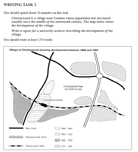 Image for topic: WRITING TASK 1 You should spend about 20 minutes on this task. Chorleywood is a village near London whose population has increased steadily since the middle of the nineteenth century. The map below shows the development of the village. Write a report for a university lecturer describing the development of the village. You should write at least 150 words. Village of Chorleywood showing development between 1868 and 1994