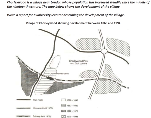 Image for topic: Chorleywood is a village near London whose population has increased steadily since the middle of the nineteenth century. The map below shows the development of the village