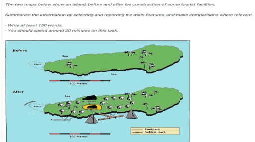 Image for topic: The two maps below show an island, before and after the construction of some tourist facilites. Summarise the information by selecting and reporting the main features, and make comparisons where relevant. - Write at least 150 words. - You should spend around 20 minutes on this task.
