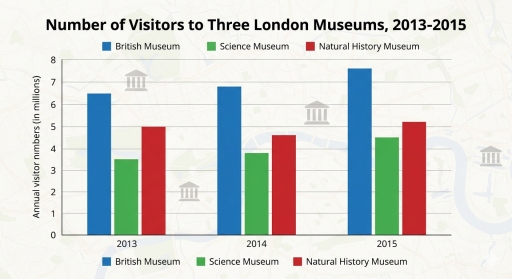 Image for topic: IELTS WRITING TASK 1 You should spend about 20 minutes on this task. The bar chart below shows the annual number of visitors to three different museums in London between 2013 and 2015. Summarize the information by selecting and reporting the main features, and make comparisons where relevant. Write at least 150 words.