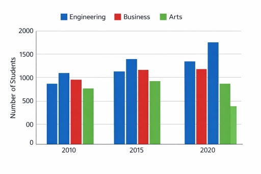 Image for topic: The bar chart shows the number of students enrolled in three different courses (Engineering, Business, and Arts) in 2010, 2015, and 2020.