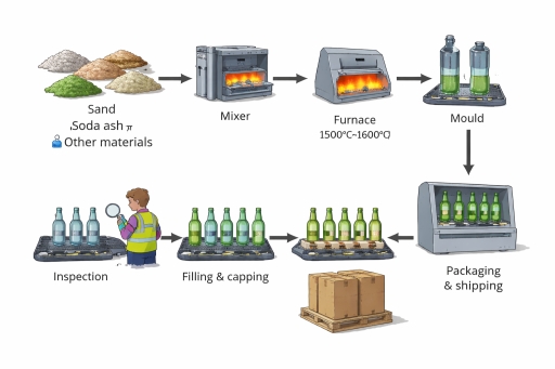 Image for topic: The diagram below shows the process of manufacturing glass bottles for commercial use. Summarise the information by selecting and reporting the main features, and make comparisons where relevant.