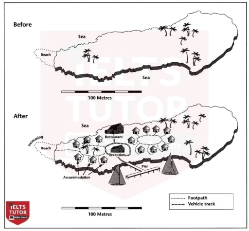 Image for topic: The two maps below show an island, before and after the construction of some tourist facilities. Summarise the information by selecting and reporting the main features, and make comparisons where relevant. » Write at least 150 words