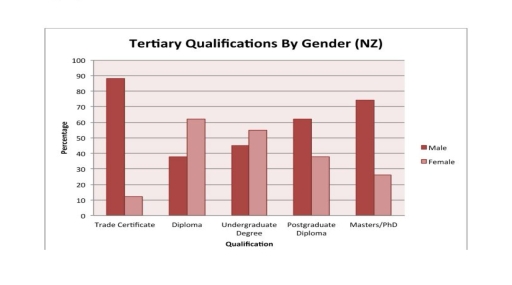 Image for topic: The graph shows the percentage of males and females who hold each type of qualification in 2005 in NZ. Summarise the information in the charts and make comparisons where appropriate.