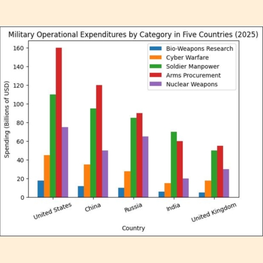 Image for topic: The bar chart illustrates the amount of money spent by five countries on different types of war-related operations in 2025, including biological weapons research, cyber warfare, soldier manpower, conventional arms procurement, and nuclear weapons programs. Summarise the information by selecting and reporting the main features, and make comparisons where relevant. Write at least 150 words.