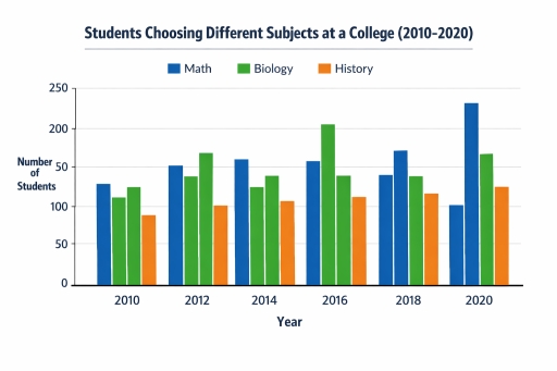Image for topic: The chart below shows the number of students who chose three different subjects (Math, Biology and History) at a college between 2010 and 2020. Summarise the information by selecting and reporting the main features, and make comparisons where relevant.