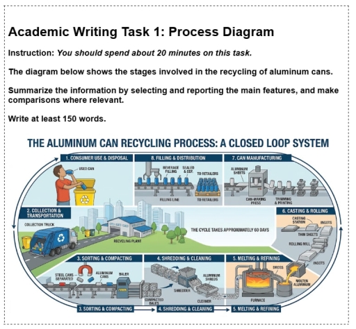 Image for topic: The diagram below shows the stages involved in the recycling of aluminum cans. Summarise the information by selecting are reporting the main features, and make comparisons where relevant.