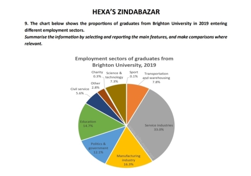 Image for topic: The pie chart compares the percentage of pupils who graduated from Brington university in the year 2019 and entered in numerous job