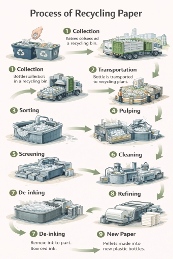 Image for topic: The diagram below shows the process of recycling paper. Summarise the information by selecting and reporting the main features, and make comparisons where relevant.