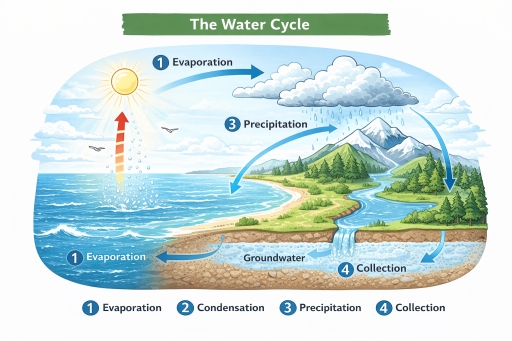 Band 6: The diagram below shows the water cycle, including processes ...