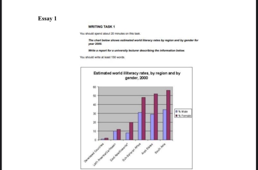 Image for topic: The chart below shows estimated world literacy rates by region and by gender for year 2000. Write a report for a university lecturer describing the information below.