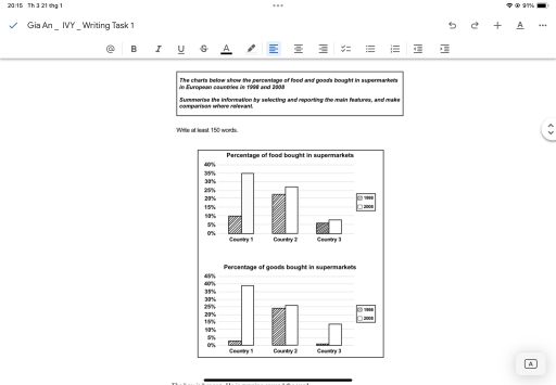 Image for topic: The chart below show the percentage of food and goods bought in supermarkets Summerise the information by selecting and reporting the main features, and make comparison where relevant.