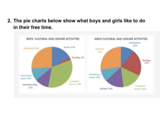Image for topic: The pie charts below show what boys and girls like to do in their free time.