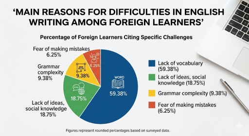 Image for topic: The pie chart below shows the main reasons why foreign language learners find English writing skills difficult. Summarise the information by selecting and reporting the main features, and make comparisons where relevant.