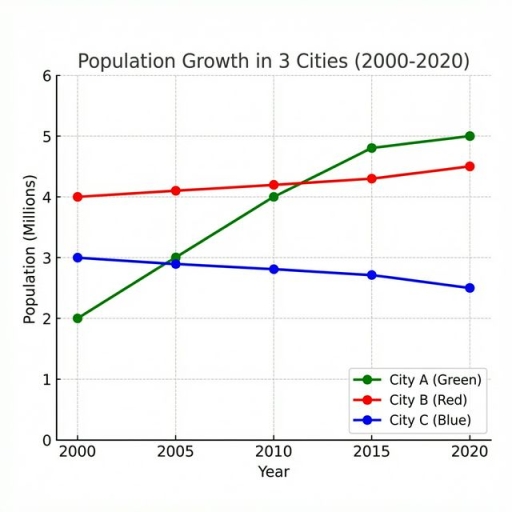 Image for topic: The graph below shows the changes in population in three cities (A, B, and C) between 2000 and 2020. Summarise the information by selecting and reporting the main features, and make comparisons where relevant.
