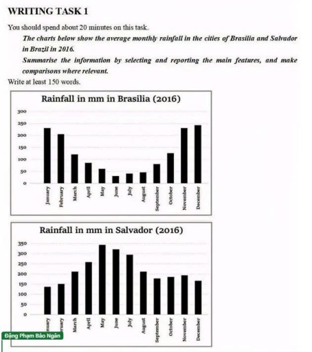 Image for topic: The charts below show the average monthly rainfall in the cities of Brasilia and Salvador in Brazil in 2016. Summarize the information by selecting and reporting the main features and make comparisons where relevant.