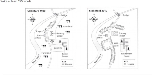 Image for topic: The maps below show the village of Stokeford in 1930 andin 2010. Summarise the information by selecting and reporting the main features, and make comparisons where relevant.
