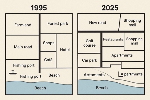 Image for topic: The two maps below shows infrastructure of the city in 1995 And 2025 years