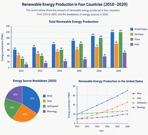 Image for topic: The charts compare the amount of renewable energy produced in four countries between 2010 and 2020, and the breakdown of produced energy.