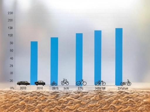 Image for topic: The bar chart below shows the percentage of people using various modes of transportation (cars, buses, bicycles, and trains) in a city over a 10-year period, from 2010 to 2020.