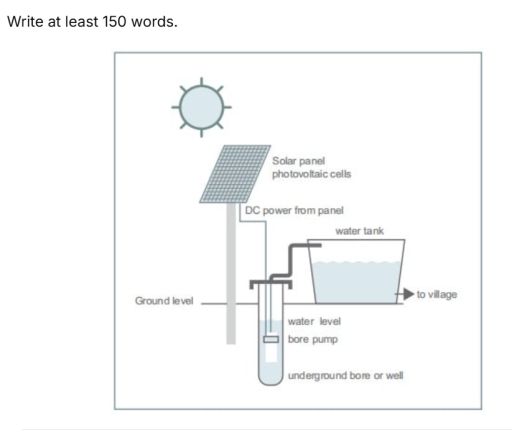 Image for topic: The diagram below shows how a solar powered water pump works. Summarise the information by selecting and reporting the main features, and make comparisons where relevant.