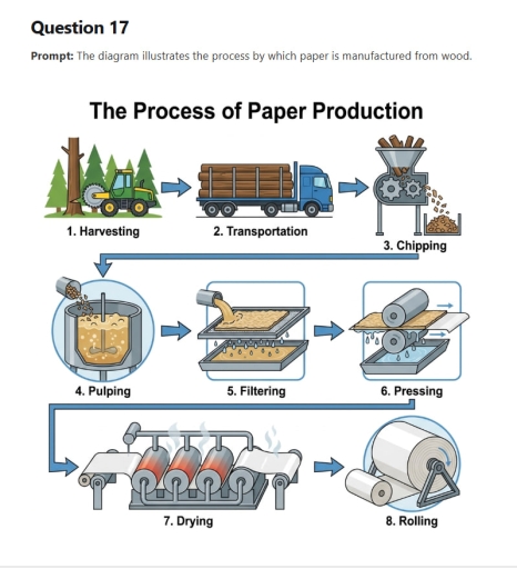 Image for topic: The diagram illustrates the process by which paper is manufactured from wood.