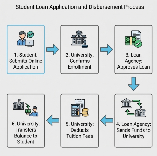 Image for topic: The diagram below shows the process by which a student applies for and receives a government-funded student loan. Summarise the information by selecting and reporting the main features, and make comparisons where relevant.