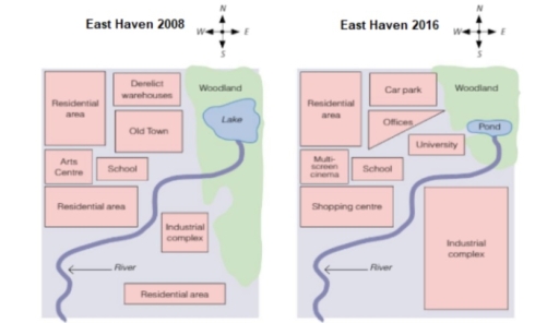 Image for topic: The maps below show the changes experienced by the town of East Haven at the beginning of the 21st Century Summarise the information by selecting and reporting the main features, and make comparisons where relevant.