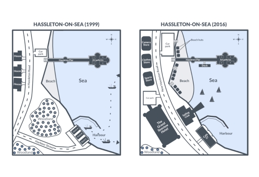Image for topic: The maps below show the changes to Hassleton-On-Sea from 1999 to 2016. Summarise the information by selecting and reporting the main features, and make comparison where relevant.