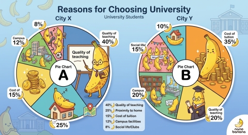 Image for topic: The pie charts below show the results of a survey on the reasons why students chose to study at universities in two different cities, City X and City Y.