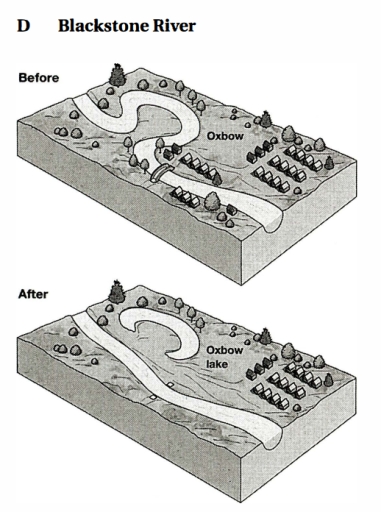 Image for topic: The diagram below shows the area around a river before and after a flood. Summarize the information by selecting and reporting the main features1 and make comparisons where relevant