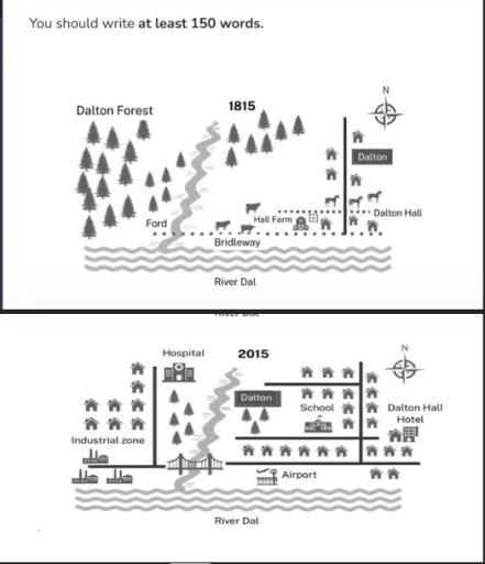 Image for topic: WRITING TASK 1 You should spend about 20 minutes on this task. The two maps illustrate the changes in the town of Dalton between the years 1815 and 2015. Summarise the information by selecting and reporting the main features, and make comparison where relevant. You should write at least 150 words.