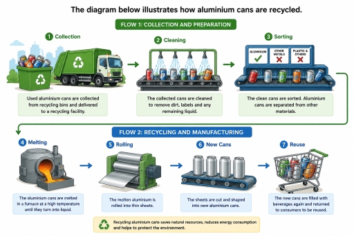 Image for topic: The diagram below illustrates how aluminium cans are recycled. Summarise the information by selecting and reporting the main features, and make comparisons where relevant.