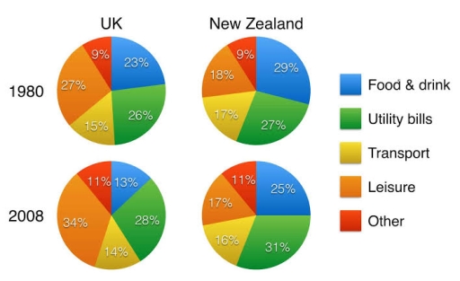 Image for topic: THE CHART BELOW SHOW THE SPENDING PATTERN OF RESIDENTS OF UK AND NEW ZEALAND ON VARIOUS THINGS IN TH EYEAR 1980 AND 2008.SUMMARIZE THE INFORMATION BY SELECTING AMD REPORTING THE MAIN FEATURE, AND MAKE COMPARISON WHERE RELEVANT.