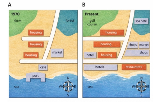 Image for topic: The two maps show a town in 1970 and in the present.