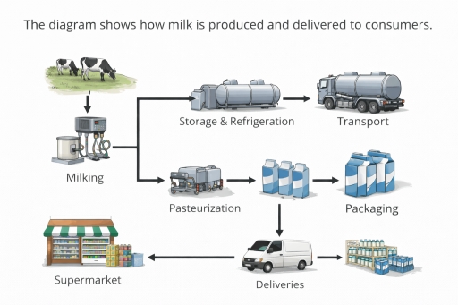 Image for topic: The diagram below shows how milk is produced and delivered to consumers. Summarise the information by selecting and reporting the main features, and make comparisons where relevant
