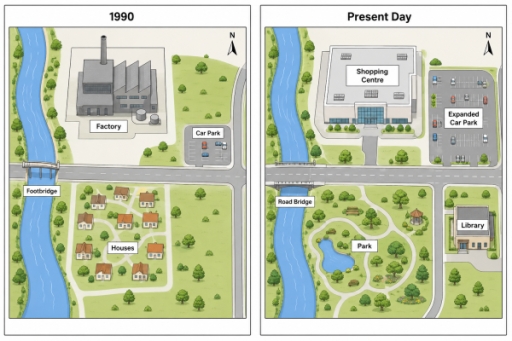 Image for topic: The two maps below show the centre of a town called Kingsford in 1990 and in the present day. Summarise the information by selecting and reporting the main features, and make comparisons where relevant.