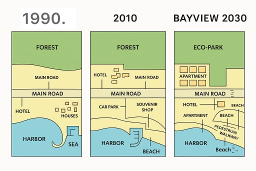 Image for topic: The maps below show the layout of a coastal town called Bayview in 1990, 2010, and the proposed plan for 2030.