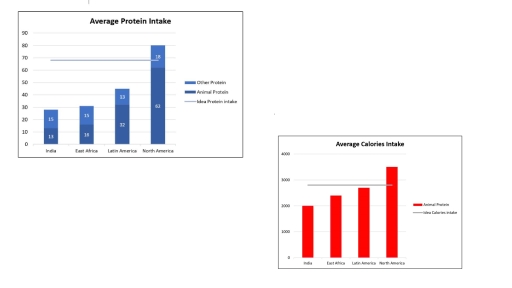 Image for topic: The charts below show the protein and calories intakes of people in different parts of the world. Summarize the information by selecting and reporting the main features, and make comparison where relevant