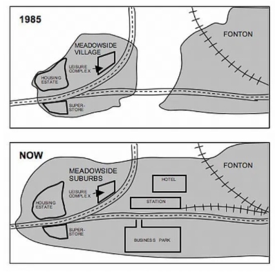 Image for topic: The maps below show the village of Meadowside in 1962, 1985 and at present time Summarise the information by selecting and reporting the main features, and make comparisons where relevant