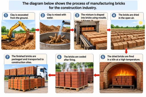 Image for topic: The diagram below shows the process of manufacturing bricks for the construction industry. Summarise the information by selecting and reporting the main features, and make comparisons where relevant.