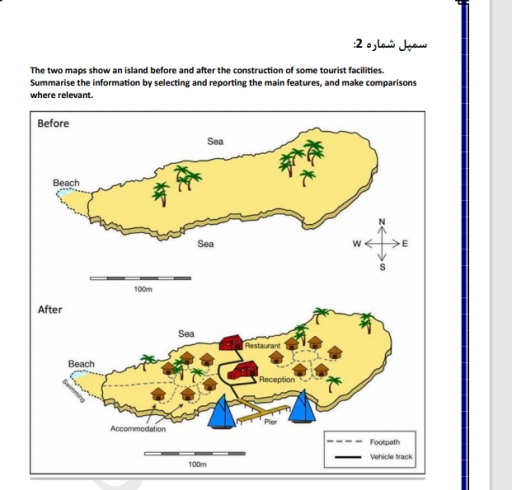 Image for topic: The two maps show an island before and after the construction of some tourist facilities. Summarise the information by selecting and reporting the main features, and make comparisons where relevant