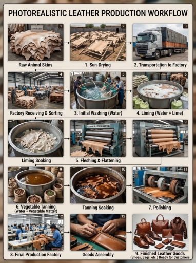 Image for topic: The diagram below shows the process of how leather goods are manufactured from animal skins. Summarise the information by selecting and reporting the main features, and make comparisons where relevant.