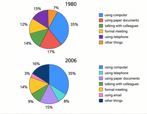 Image for topic: The charts below show the percentage of working time in office spending on different tasks in the US in 1980 and 2006.